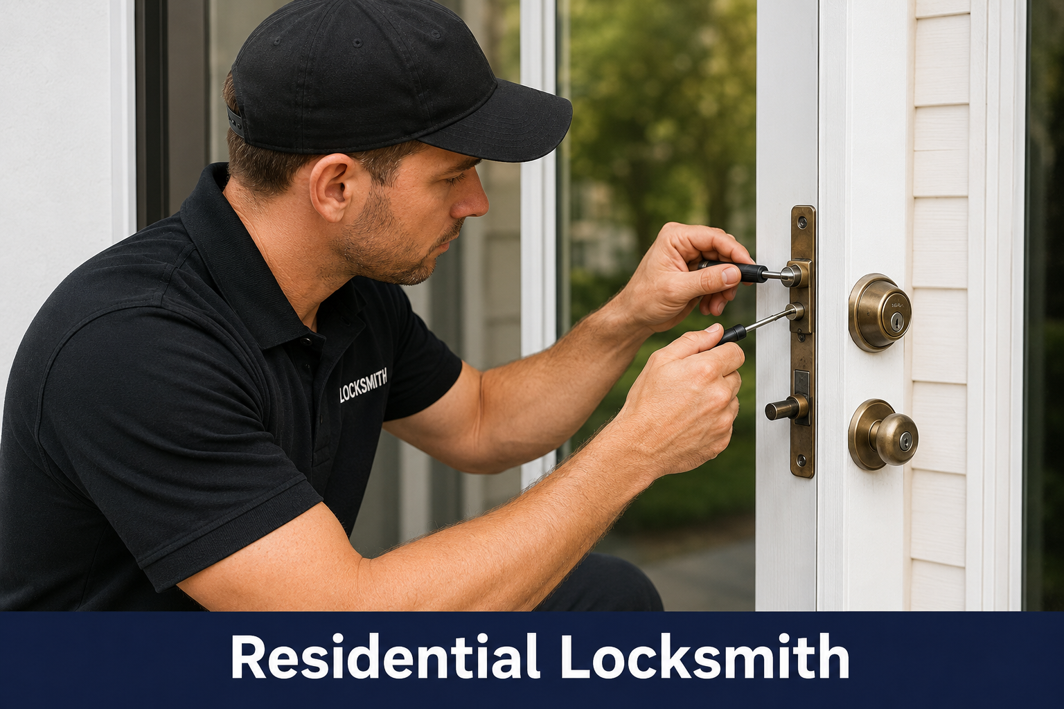 Residential locksmith working on a home door lock installation and repair